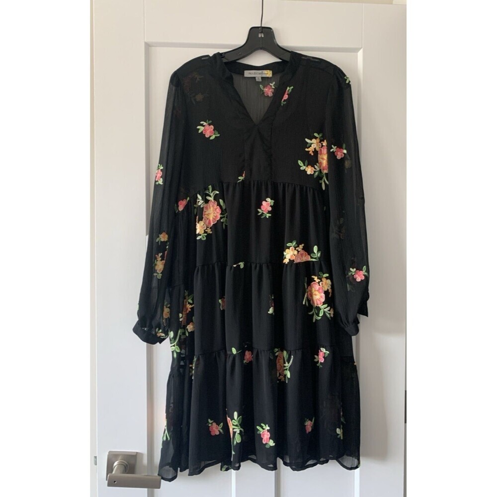 Figueroa & Flower V-Neck Black Flowy Embroidery Flower Dress Sheer Overlay Small